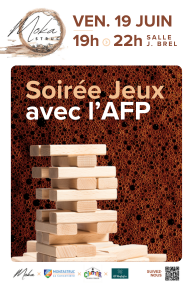 Affiche illustrant la soirée jeux avec un jenga en photo